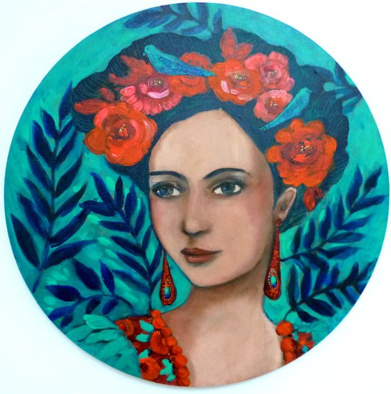 Inspiration Frida Kahlo, portrait of woman with flowering hair. Tondo 40 cm