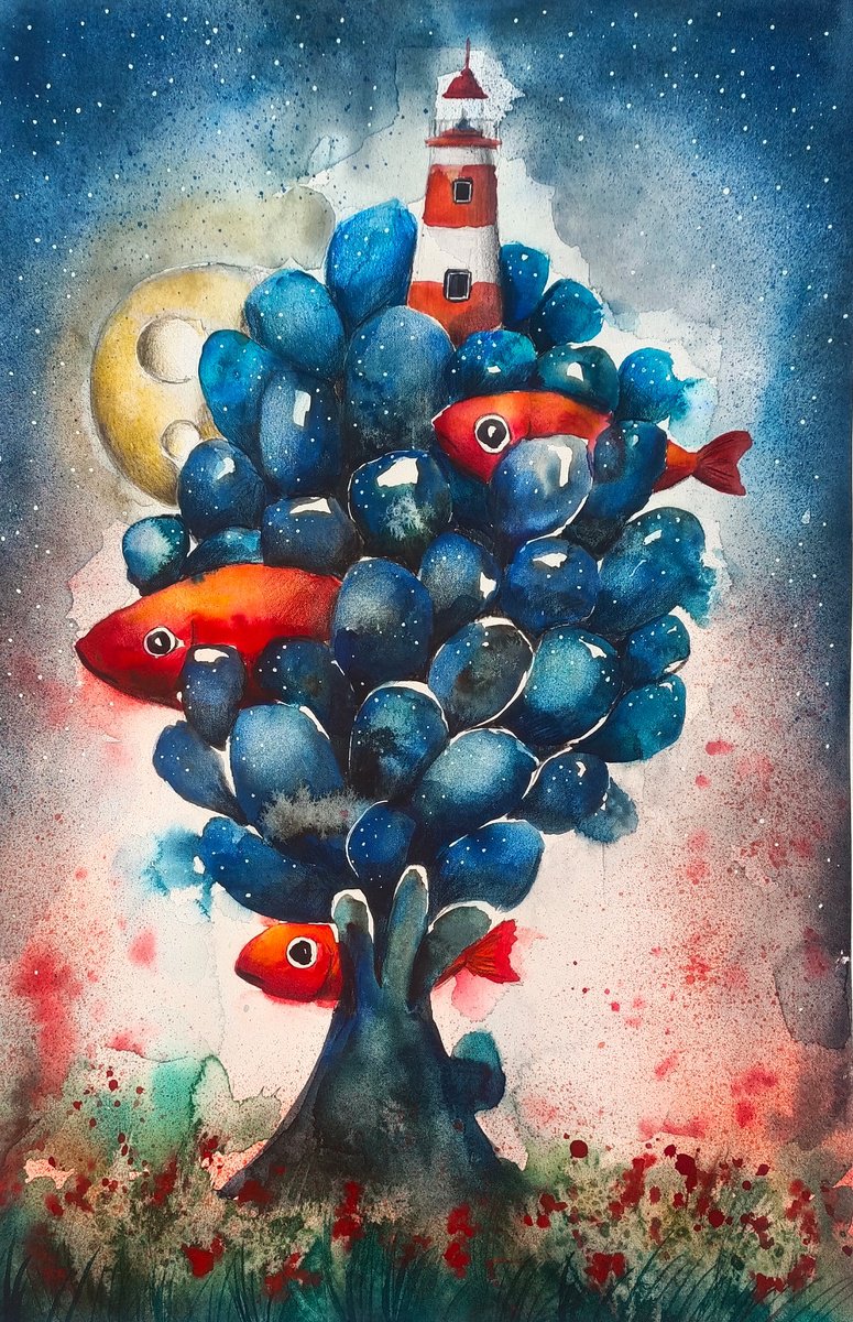 Surrealistic Animal Watercolour By Evgenia Smirnova, 15 X 22, A Tree Where Fish Take Flight, Original Artwork