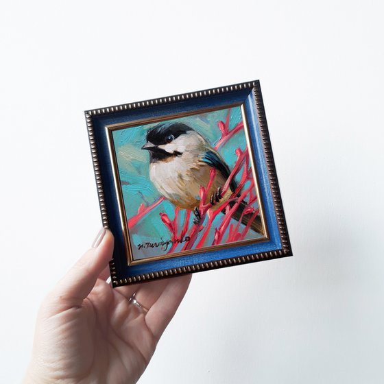 Bird oil painting original framed, Birds on branch picture blue turquoise art gift personalized, Bird illustration