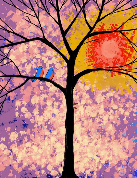 The Bluebirds , cute lovebird tree artwork, flower edition