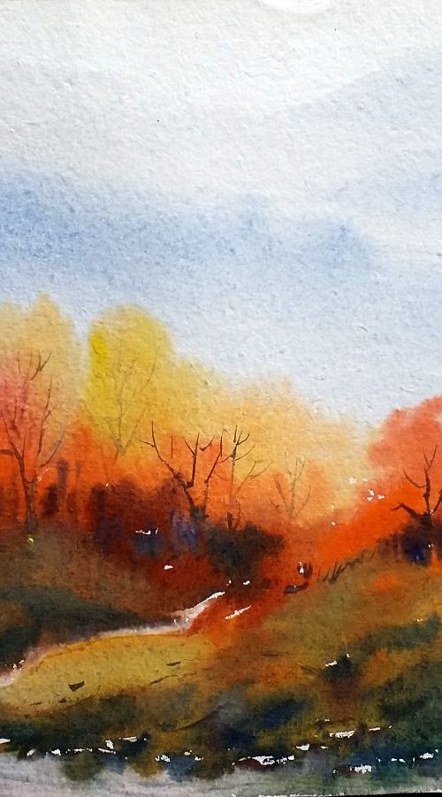 Autumn Forest & Himalaya Mountain - Watercolor on Paper by Samiran Sarkar