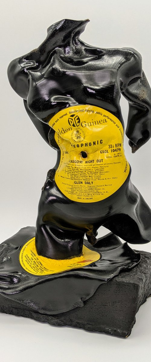 Glasgow/Rolling Stones Vinyl Music Record Sculpture on Stone in yellow and black by Seona Mason
