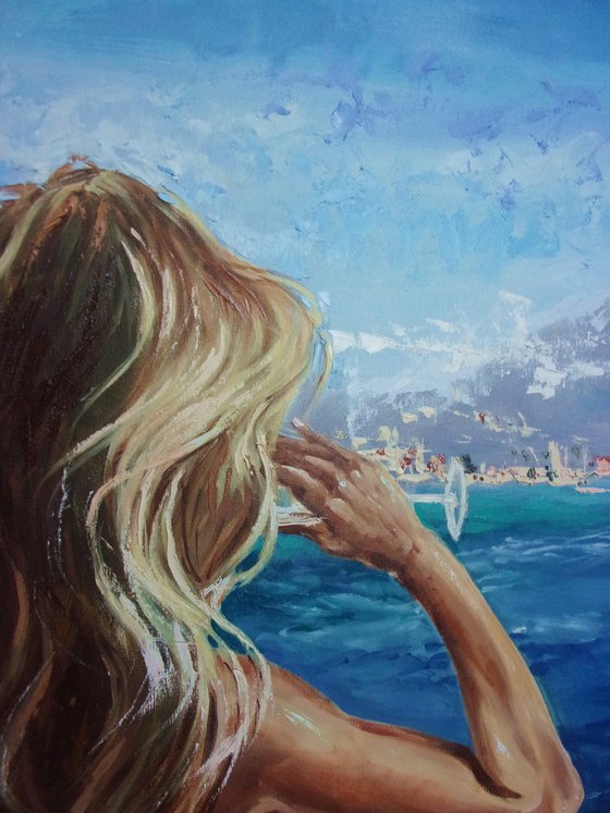 " GARDA VIEW WITH GIRL DRINKING CHAMPAGNE "