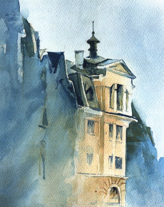 Architectural landscape "Morning light. Walk the streets of Kyiv, Ukraine" - Original watercolor painting