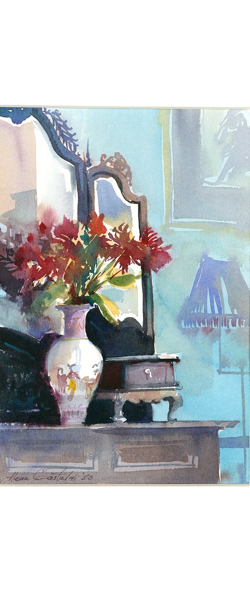 Famille Vase with Red Flowers - 30x21 cm by Alena Gastaldi