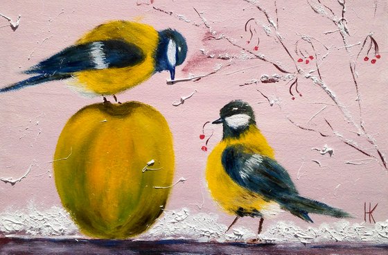 Chickadee Painting Bird Original Art Small Oil Artwork Titmouse Home Wall Art 12 by 8" by Halyna Kirichenko
