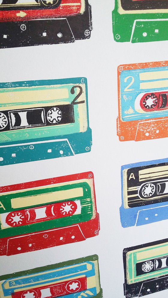 Linocut tapes #26 (cassette tapes, retro music, 70's, 80's rock culture)