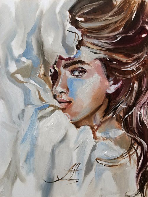 Woman painting on canvas-paper, Expressive eyes, Bohemian style by Annet Loginova