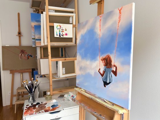 Childhood - Small Girl on Swing Cloud Sky Painting Painting