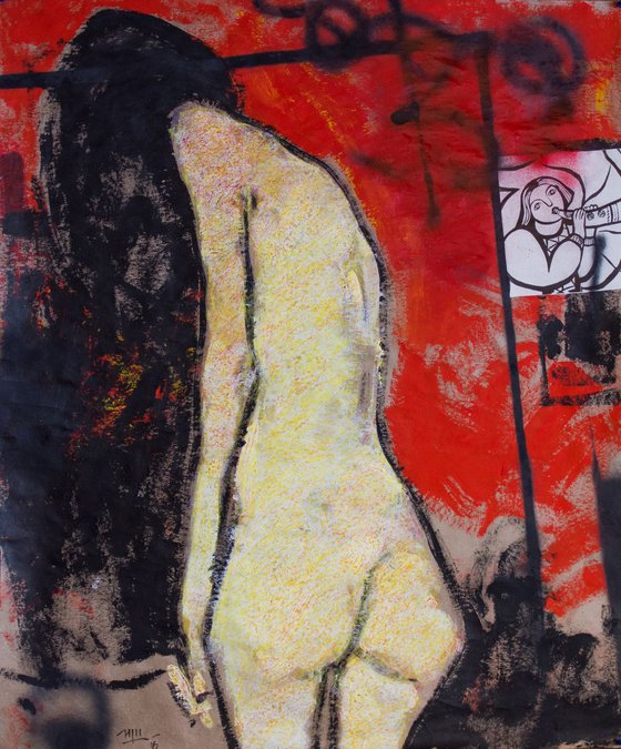 Nude figure in art studio.