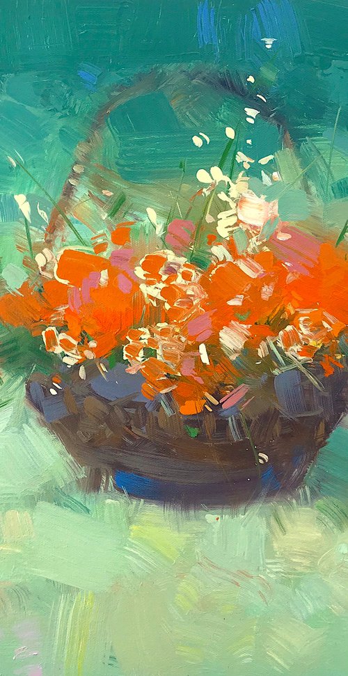 Basket of flowers, Original oil painting, Handmade artwork, One of a kind by Vahe Yeremyan