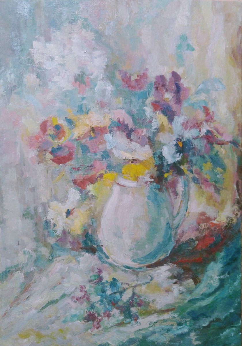 Impressionistic Still Life Oil Painting By Elena Klyan, 14 X 20, Bouquet Pansies., Original Artwork