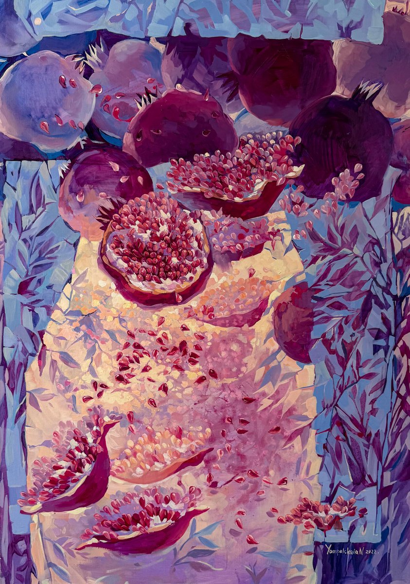 Impressionistic Still Life Oil Painting By Natalia Yampolskaia, 28 X 39", The Story Of A Pomegranate, Original Artwork