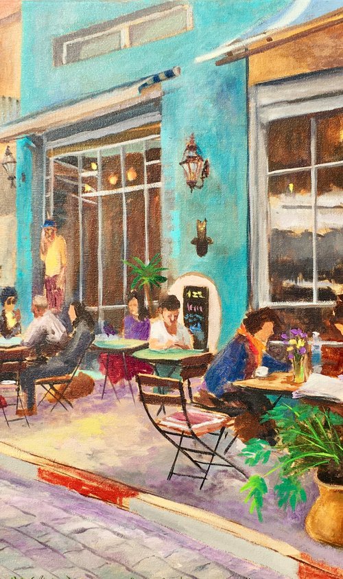 People eating, Israeli street cafe, original oil painting by Leo Khomich