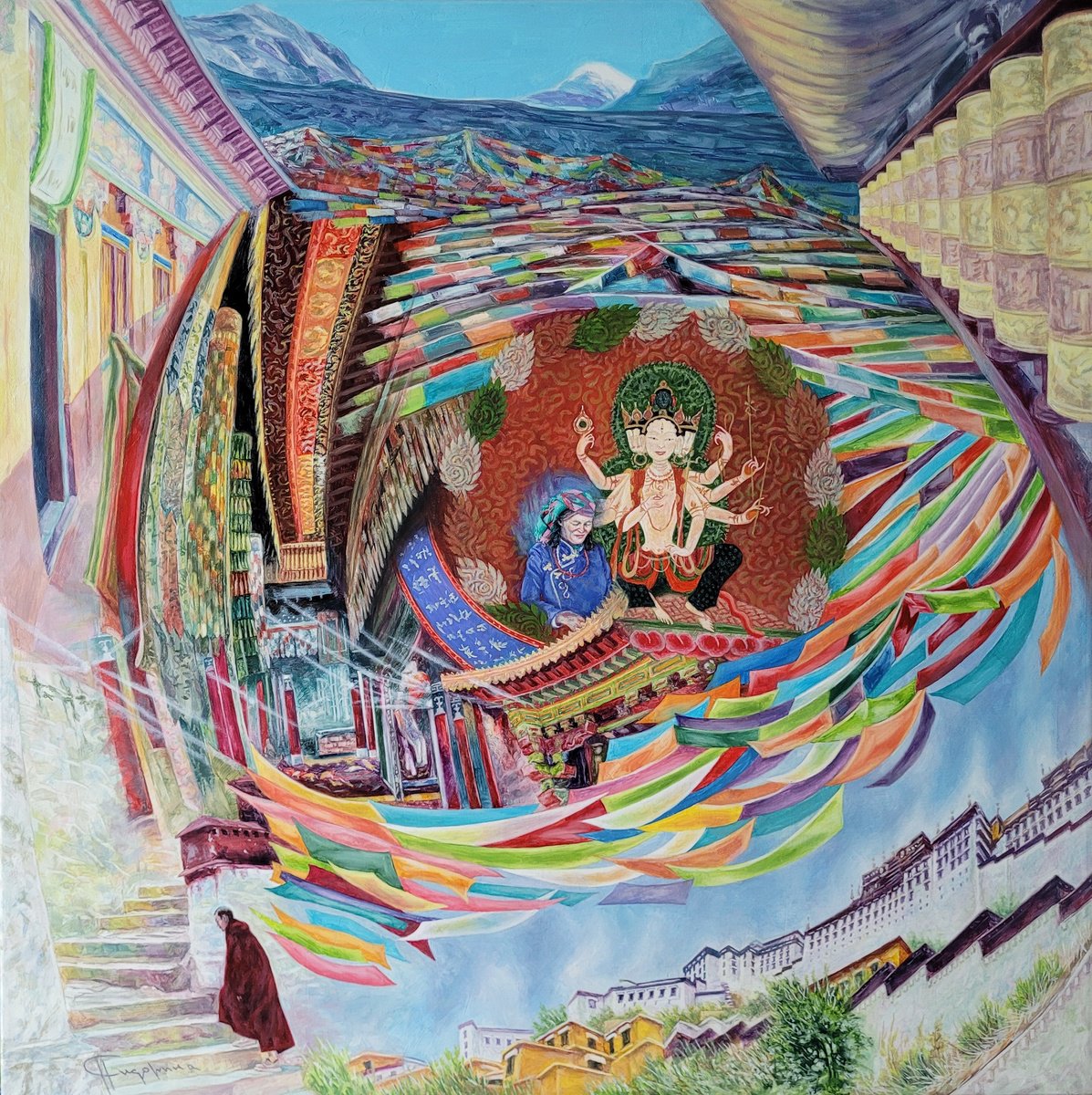 Impressionistic Landscape Oil Painting By Natalia Sidorina, 31 X 31", Tibet - The Soul Spiral, Original Artwork