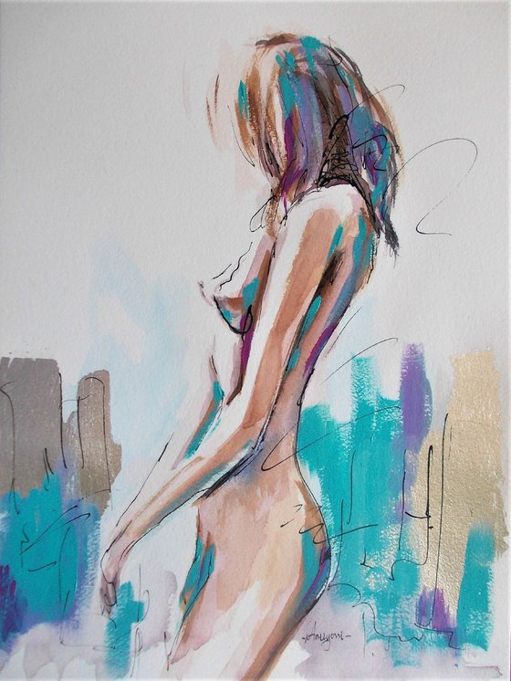 Nude Woman Study - Watercolor Mixed media Painting in Paper