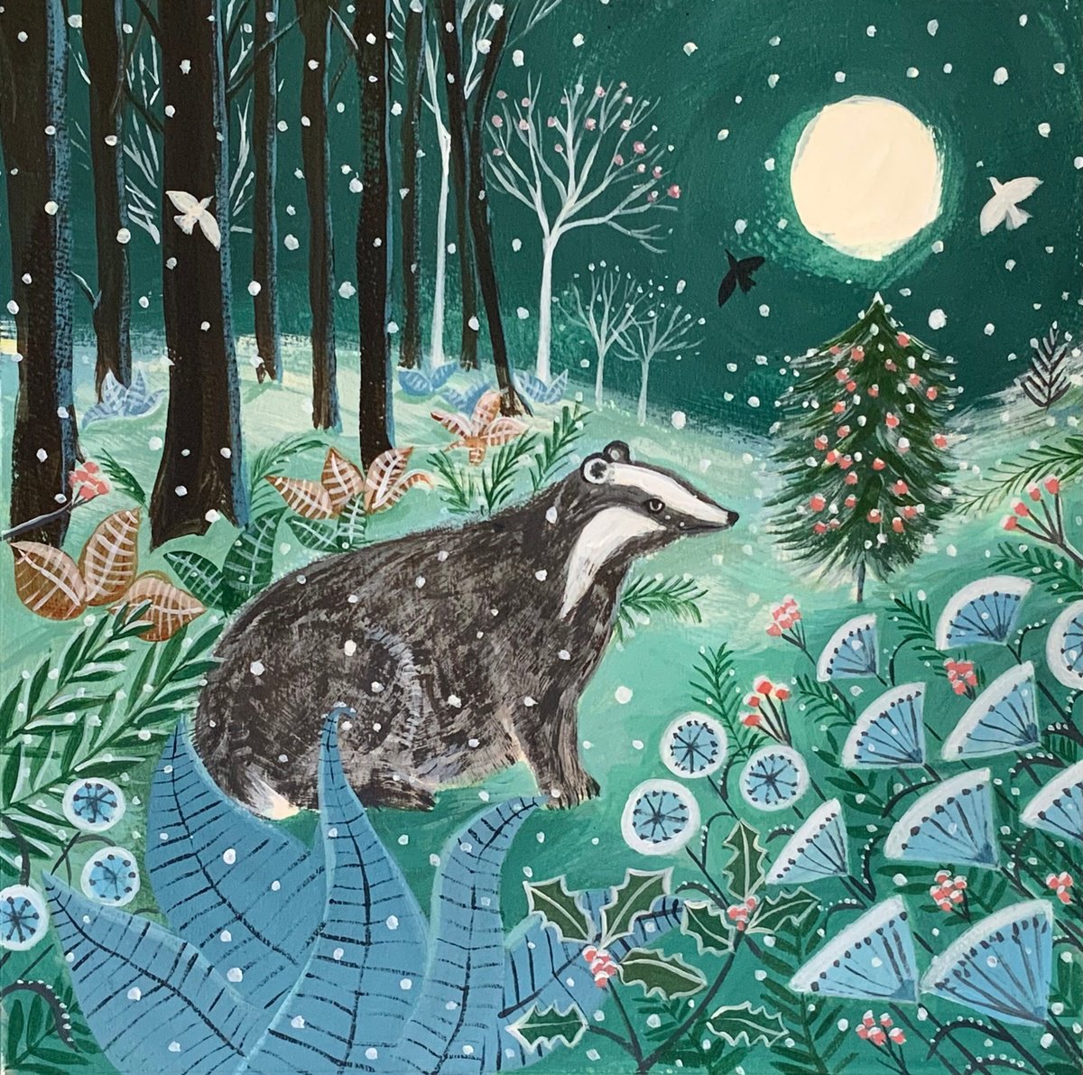 Illustrative Animal Acrylic Painting By Mary Stubberfield, 11 X 11", Forest Badger, Original Artwork