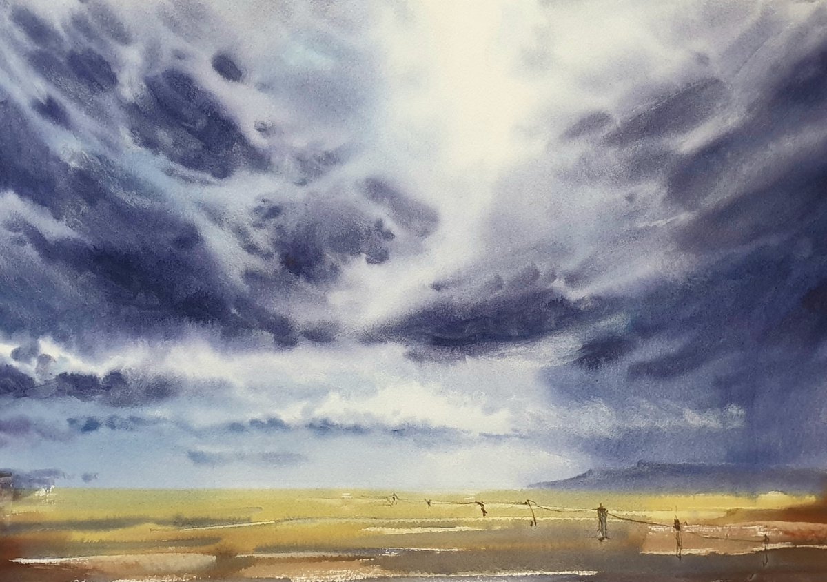 Impressionistic Landscape Watercolour By Elena Genkin, 22 X 15, Elements. Air. Few Minutes Before The Rain., Original Artwork