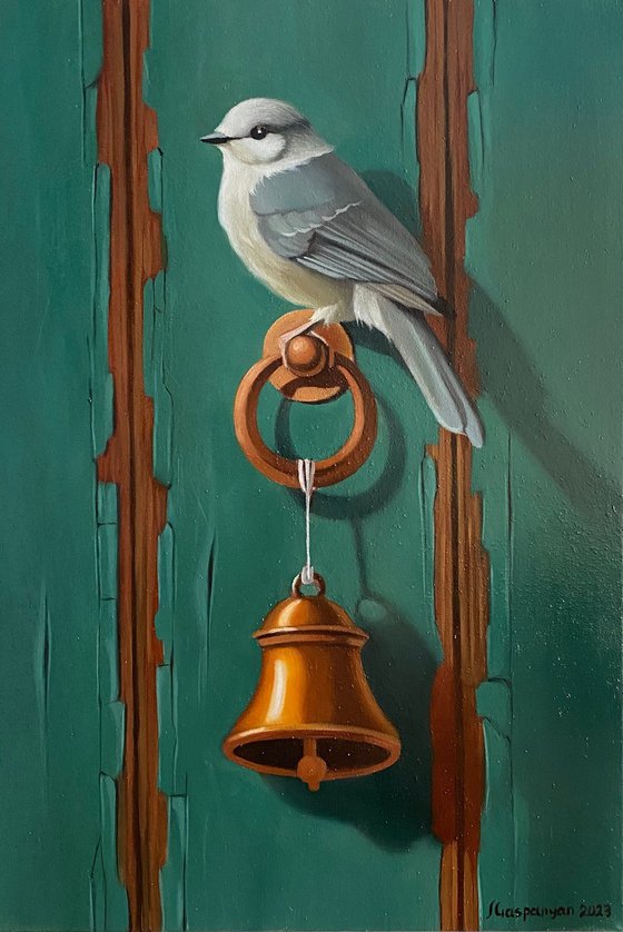 Still life with bird and bell -1 (24x35cm, oil painting, ready to hang)