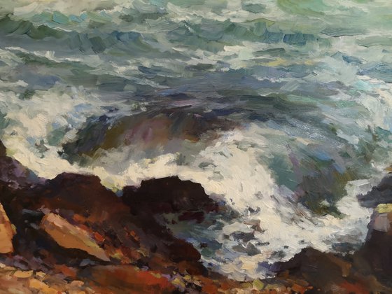Ocean, seething surf, original one of a kind oil on canvas seascape