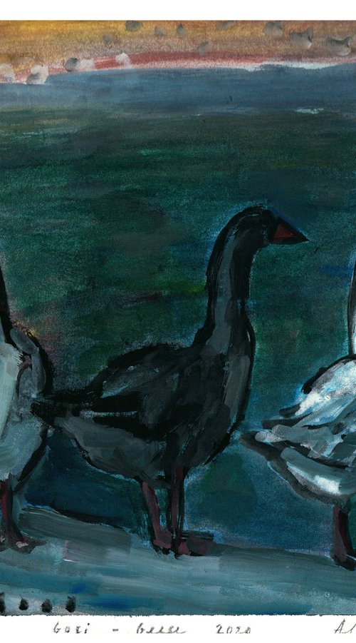 Gosi – Geese II, 2020, acrylic on paper, 22.1 x 29.5 cm by Alenka Koderman