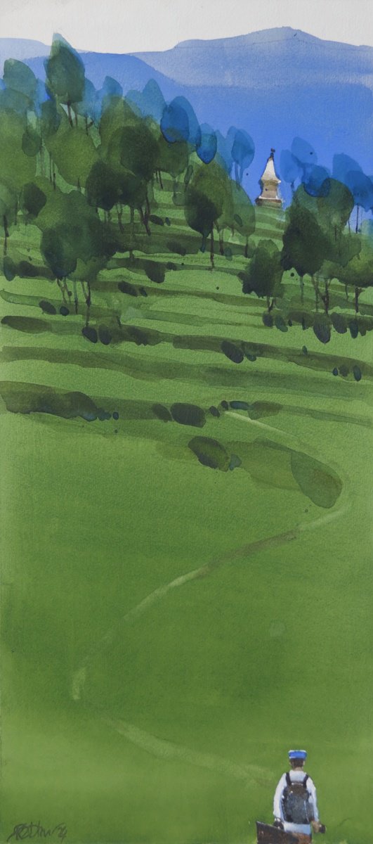 Impressionistic Landscape Watercolour By Prashant Prabhu, 10 X 22", Steep Climb Of A View, Original Artwork