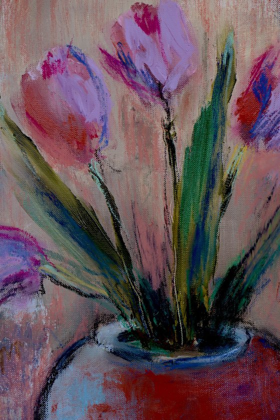 Floral Still Life - Tulips in a Vase -Original Painting on Paper