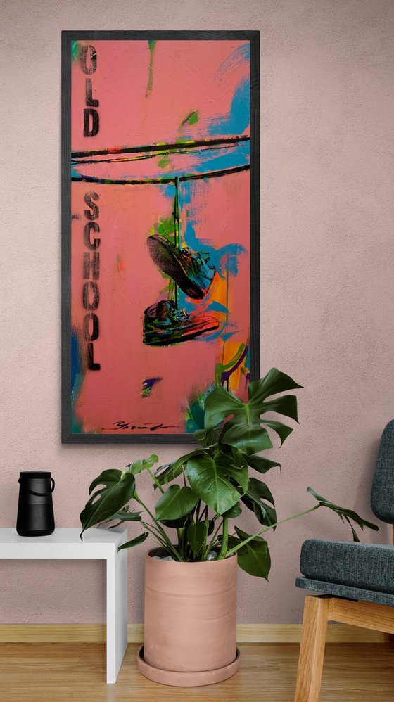 Pink vertical painting - "OLD SCHOOL" - Pop Art - Street Art - Sneakers - Urban Art - Electric wires