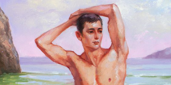ITALIAN BOY by the SEA - Timeless Beauty and Seaside Serenity: Oil Painting on Canvas of a Stunning Italian Young Man Resting on Shoreline