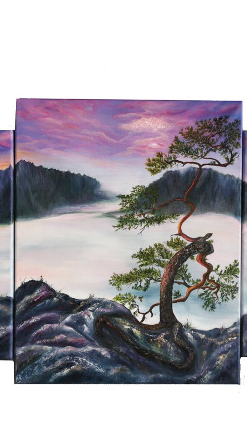 Infinity and Soul, oil painting, original gift, home decor, Bedroom, Living Room, Lake, Mountains, Sunset, Horizon, Calm, Fog, Tree, Meditation, Triptych by Natalie Demina