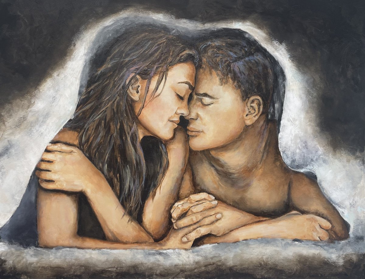 Expressive Portrait Acrylic Painting By Miri Baruch, 35 X 28", Under The Blanket, Original Artwork