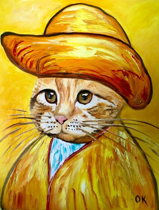 Cat in a straw hat with green eyes La Vincent Van Gogh inspired by self-portrait