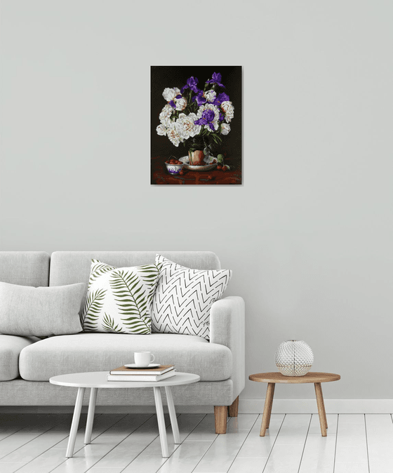 Peonies and Irises in Vase