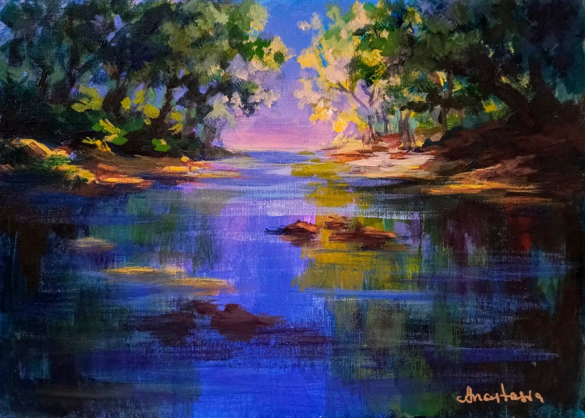 Blue landscape trees lake by Anastasia Art Line