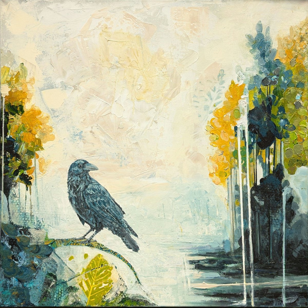 Organic Animal Acrylic Painting By Wowhawk, 24 X 24", Mysterious Crow, Original Artwork