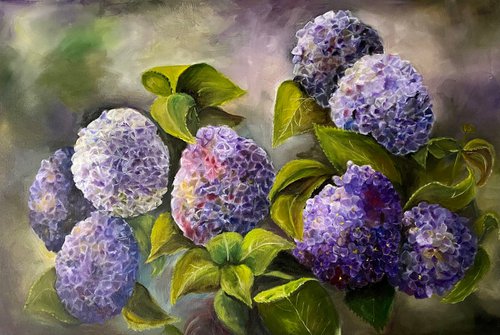 Purple Hydrangeas Original Oil Painting gorgeous Silver Frame 24x36 by Mary Gullette