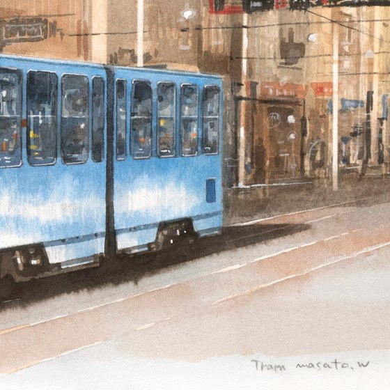 Blue Tram on the Avenue - 40x30cm Watercolor