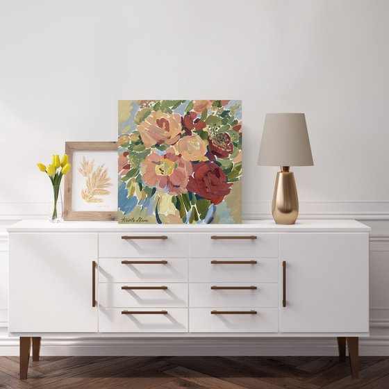 Peonies and Roses in a Crystal Vase