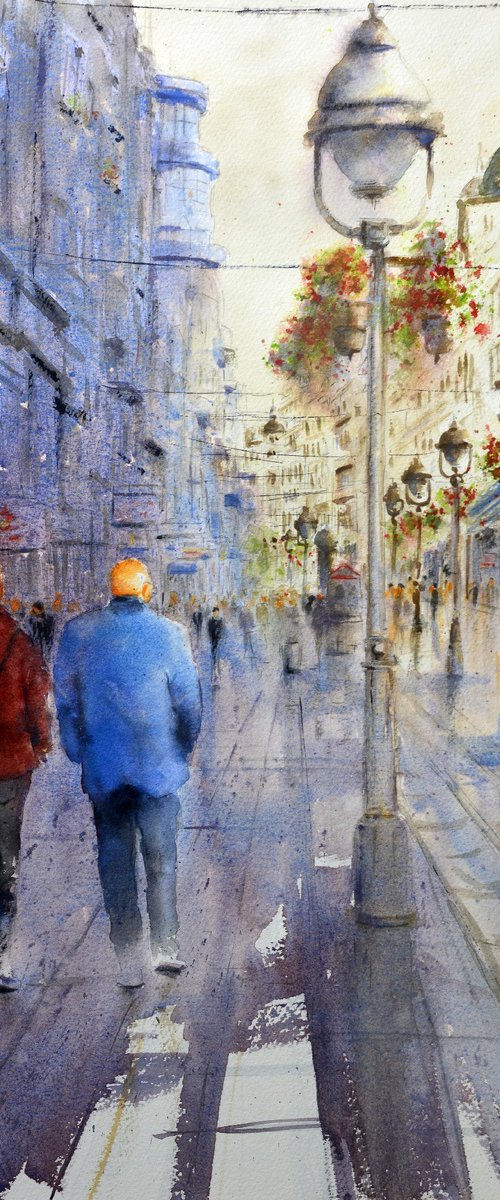 Murmur of Knez Mihajlova Belgrade 53x35cm 2020 by Nenad Kojić watercolorist