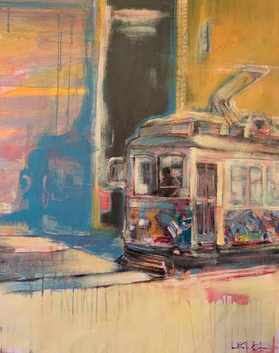 Bright painting - "Lisbon tram" - Pop Art - Expressionism - Street - City - Cityscape