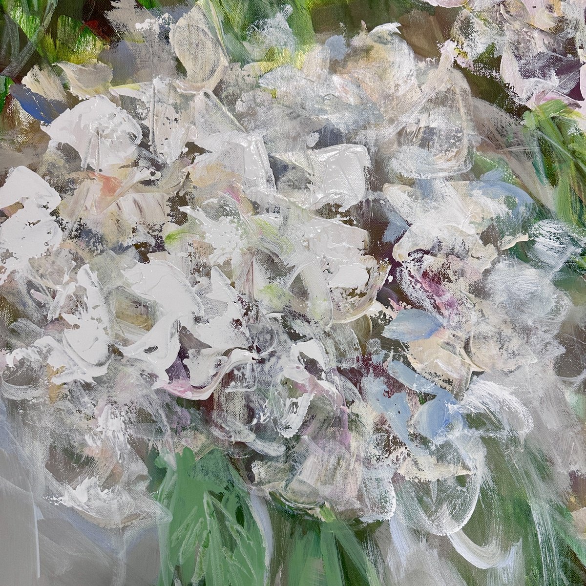 Abstract Acrylic Painting By Emma Bell, 40 X 40, White Hydrangea Bloom, Original Artwork