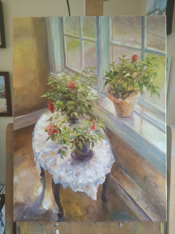 By the window", original one-of-a-kind, oil on canvas impressionistic style still life painting (18x24'') See time-lapse video attached