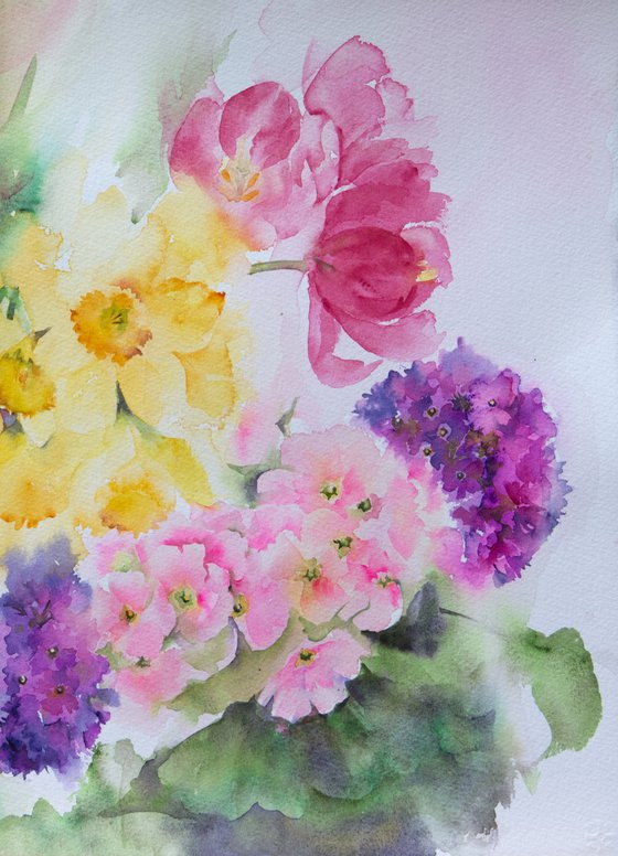 Original watercolour painting of spring flowers - Tulips, Daffodils and Primroses
