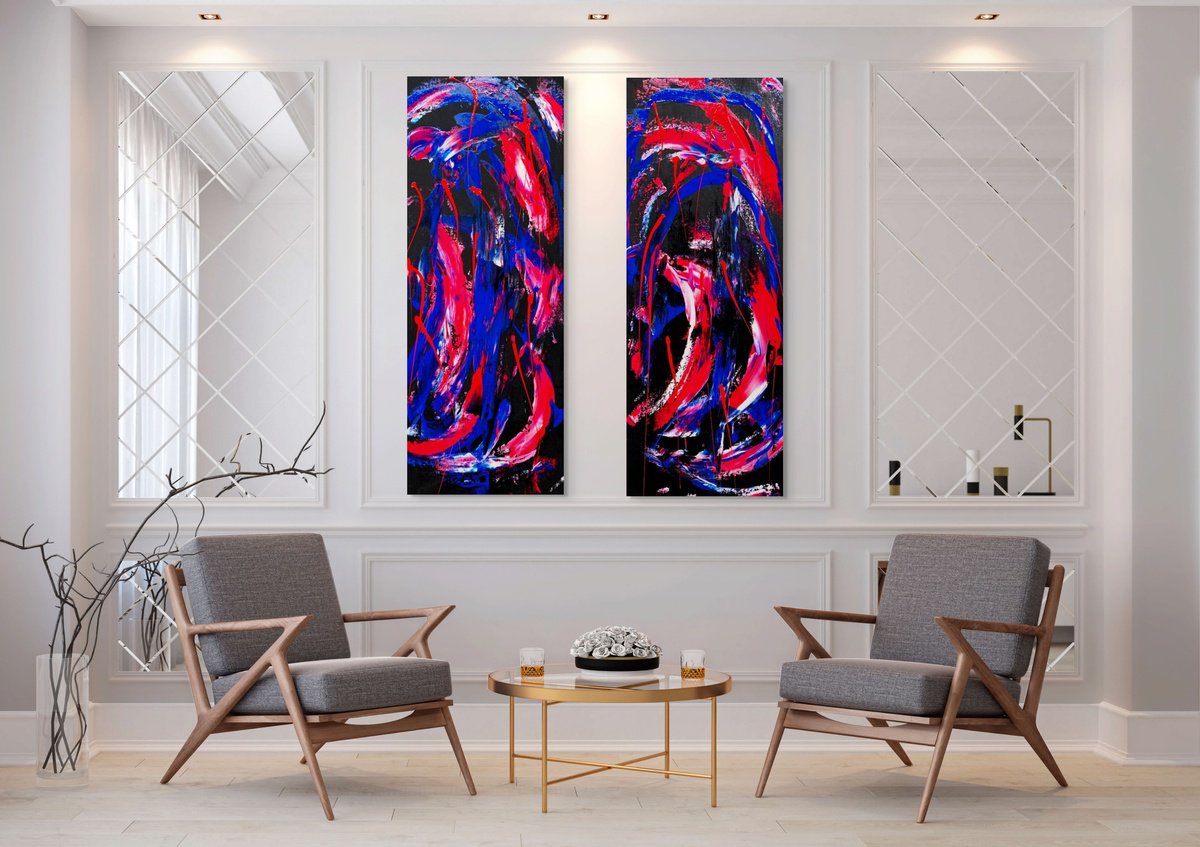 Organic Abstract Acrylic Painting By Estelle Asmodelle, 43 X 57, Entourage - Diptych, Original Artwork