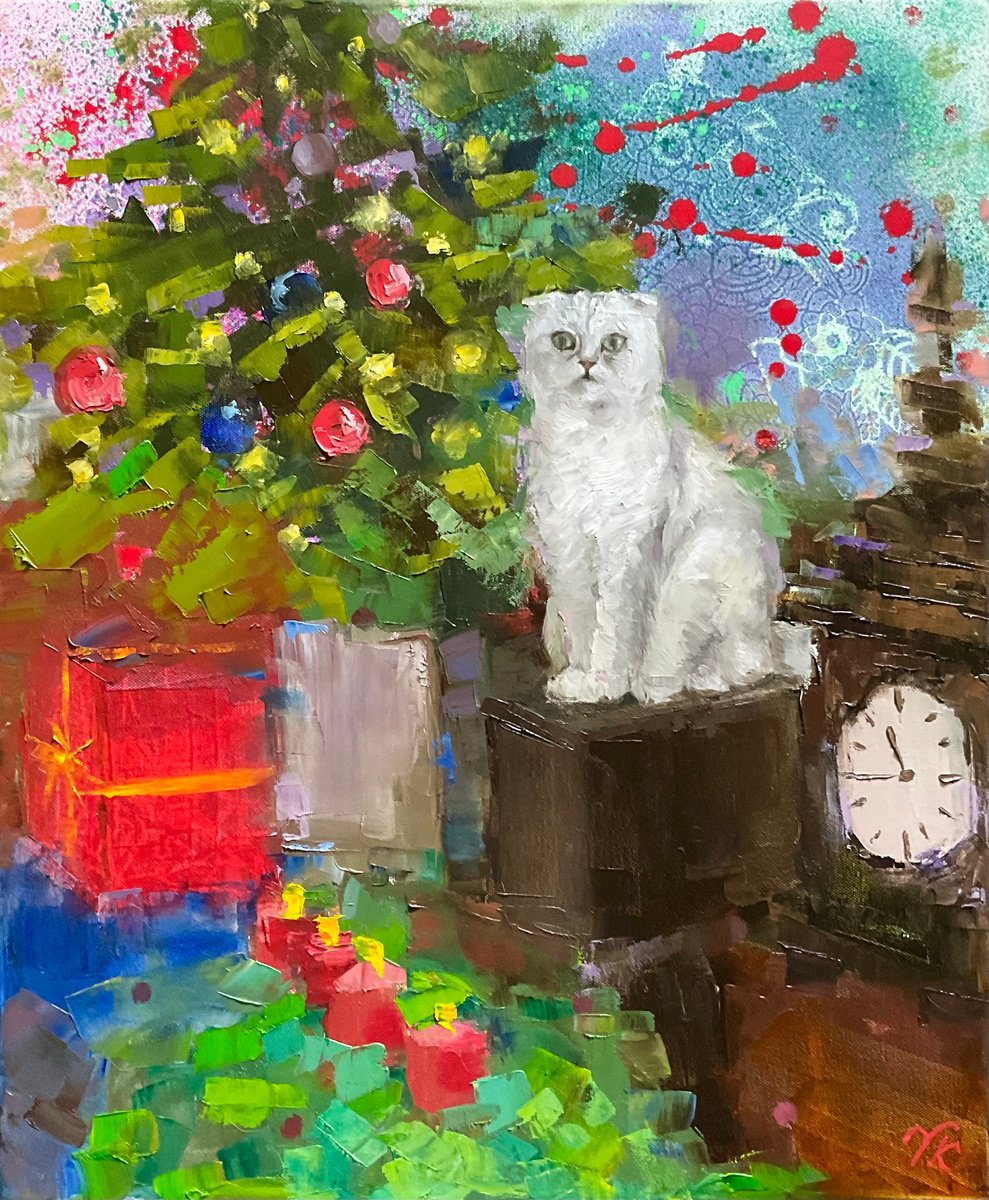 Impressionistic Animal Oil Painting By Vera Klimova, 20 X 24", Waiting For Christmas, Original Artwork