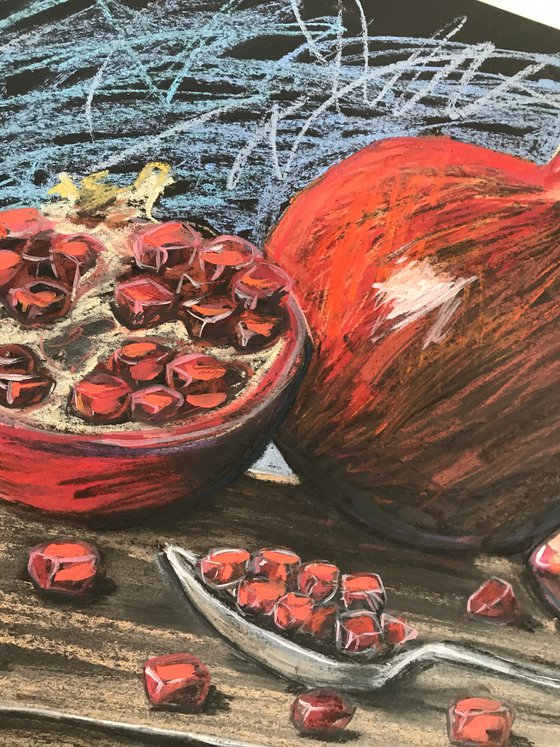 Pomegranates still life pastel drawing 27x39 cm