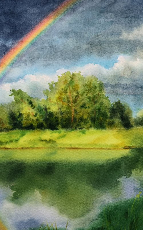 Rainbow Summer Landscape - rai by Olga Beliaeva Watercolour