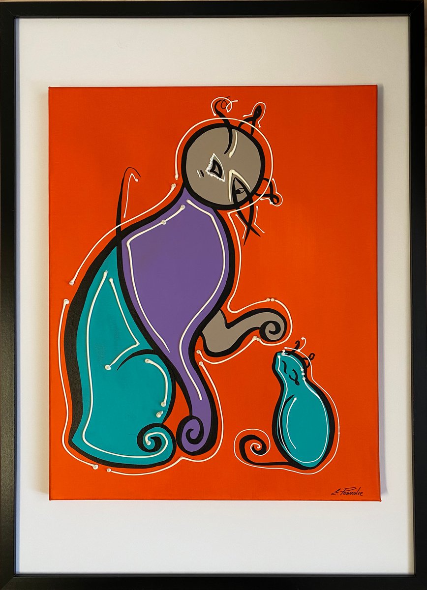 Abstract Portrait Acrylic Painting By Eka Peradze, 20 X 28, Action.3D Cat & Mouse . Eka Peradze Art., Original Artwork