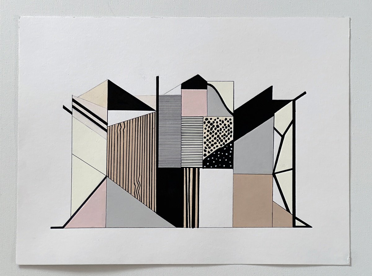 Geometric Cityscapes Ink Drawing By Amanda Andersen, 16 X 12, Edifice I, Original Artwork