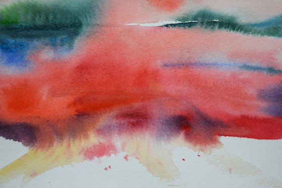 Abstract landscape painting, original watercolor painting, abstract red wall art